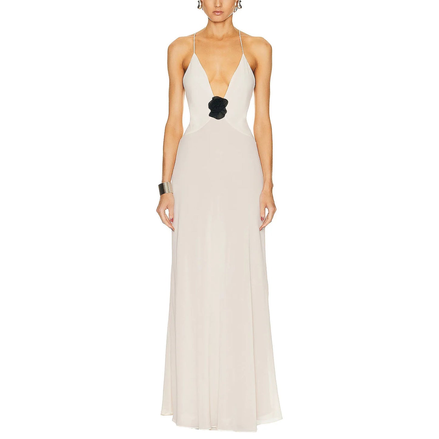 CN Velvet Sleeveless V Neck Maxi Dress Floral Embellishments