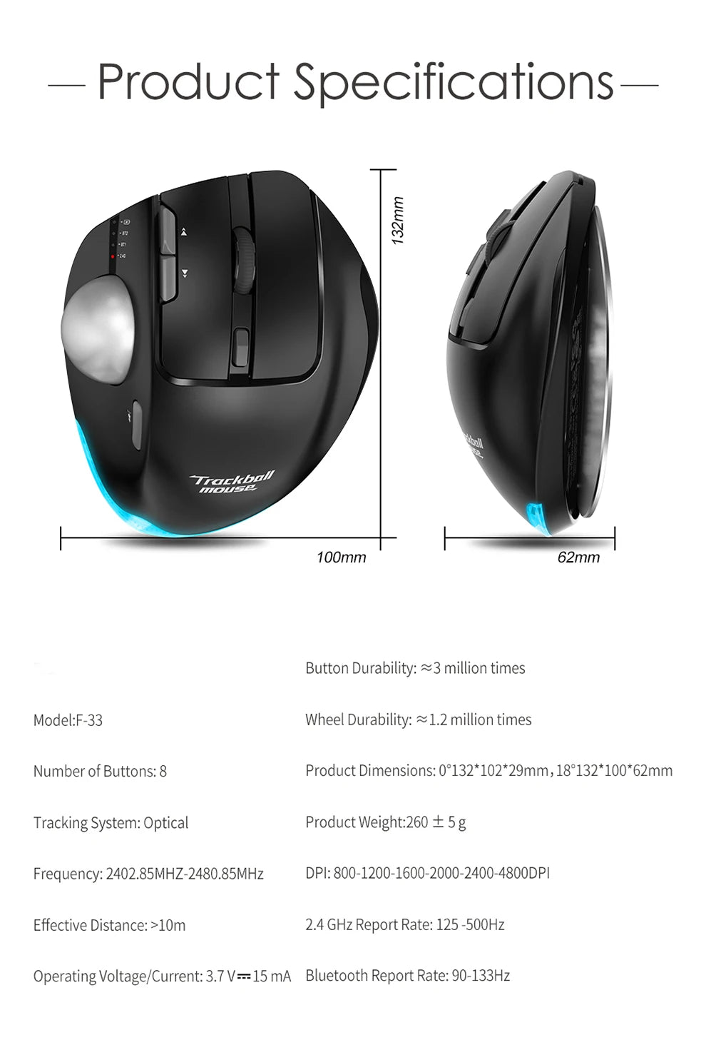 JOMAA Ergonomic Wireless Trackball USB Mouse 4800 DPI