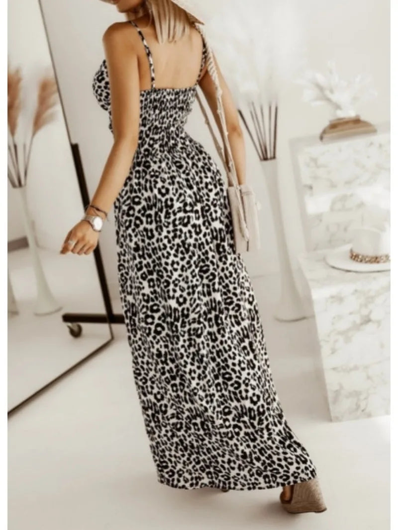 Tibet Leopard Print Camisole Maxi Dress With V Neck