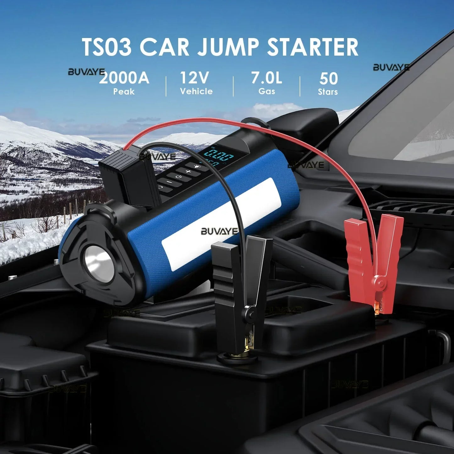 BUVAYE Car Jump Starter Air Pump Tire Inflator Portable Lamp