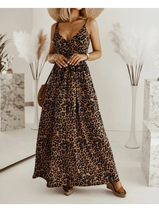 Tibet Leopard Print Camisole Maxi Dress With V Neck