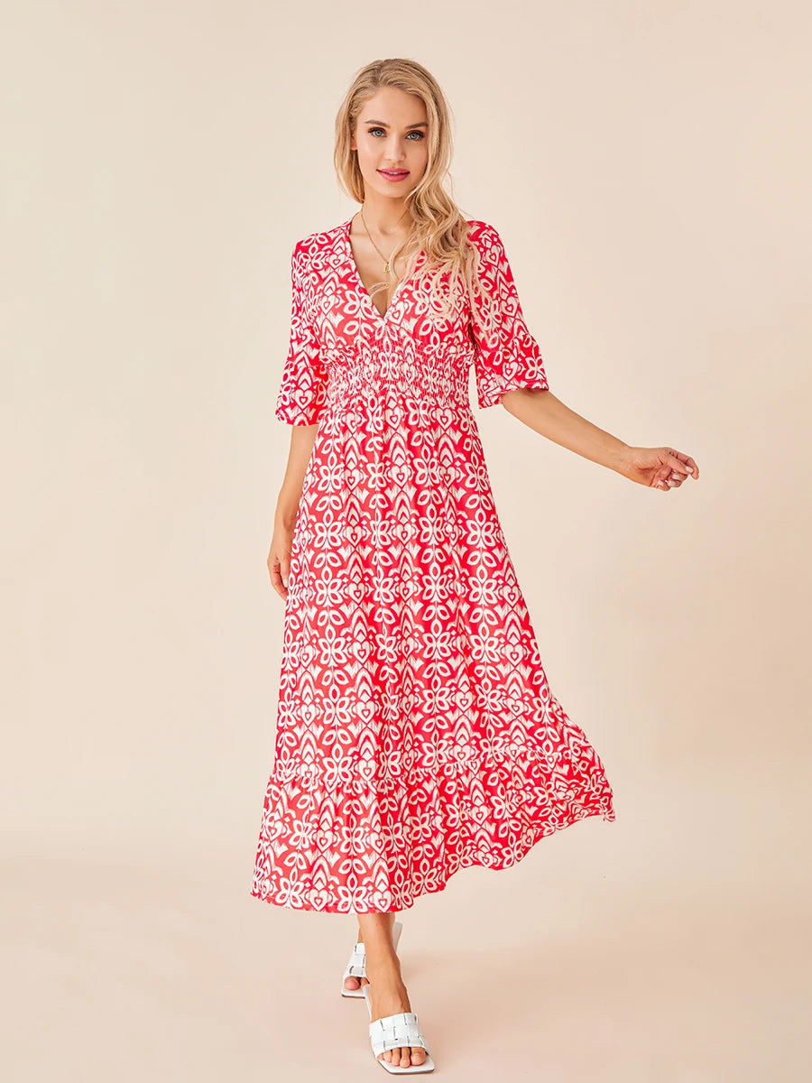 Hirigin Womens Summer Bohemian Midi Dress Floral Print