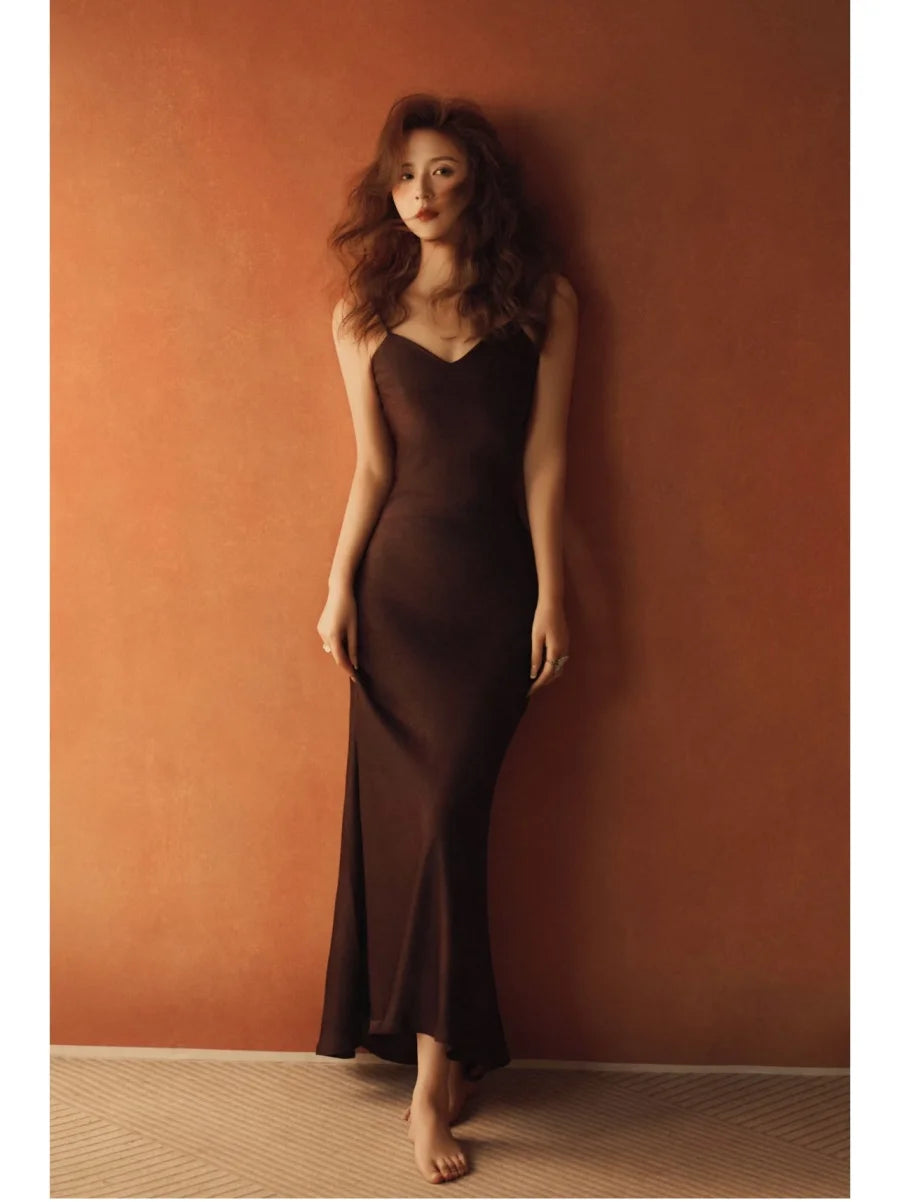 ETJCN Elegant Silk Satin Midi Dress Backless Party Slip