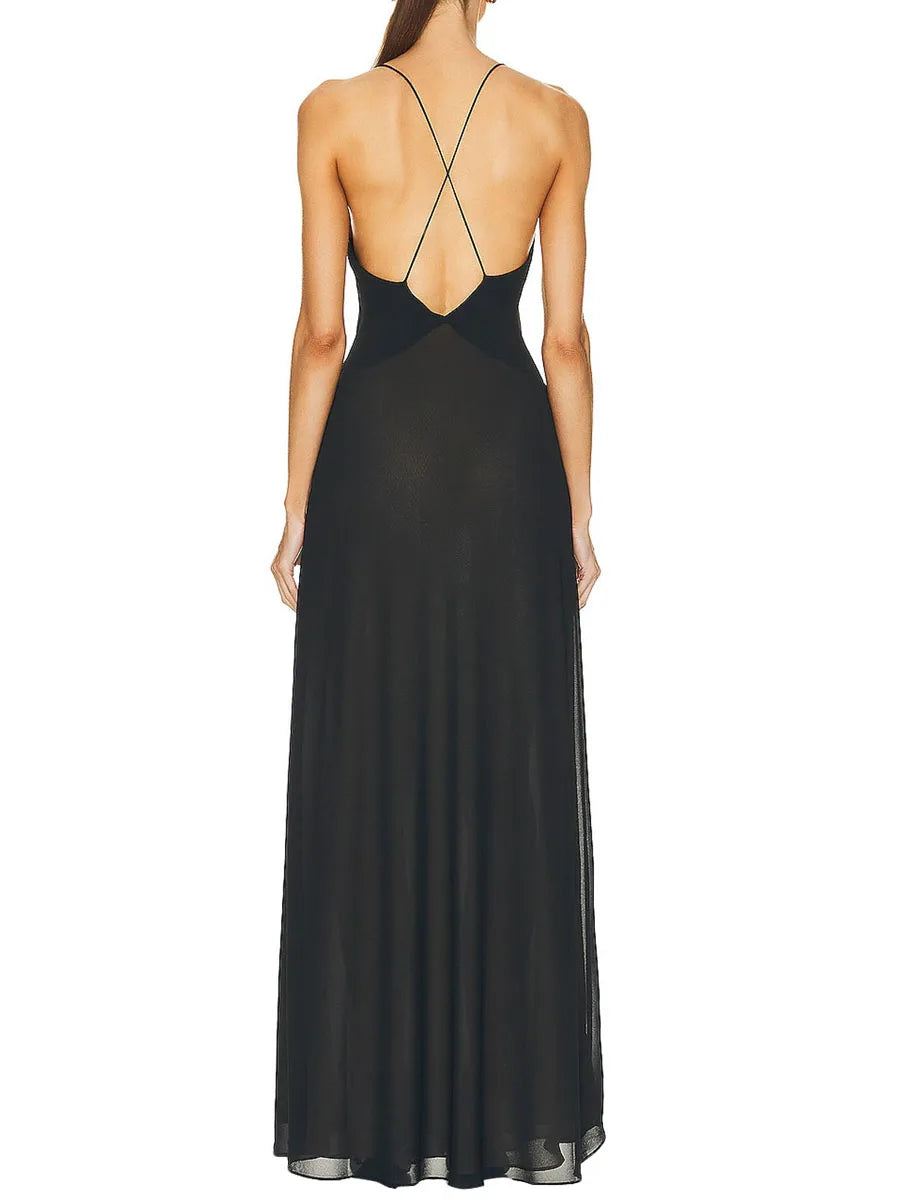 CN Velvet Sleeveless V Neck Maxi Dress Floral Embellishments