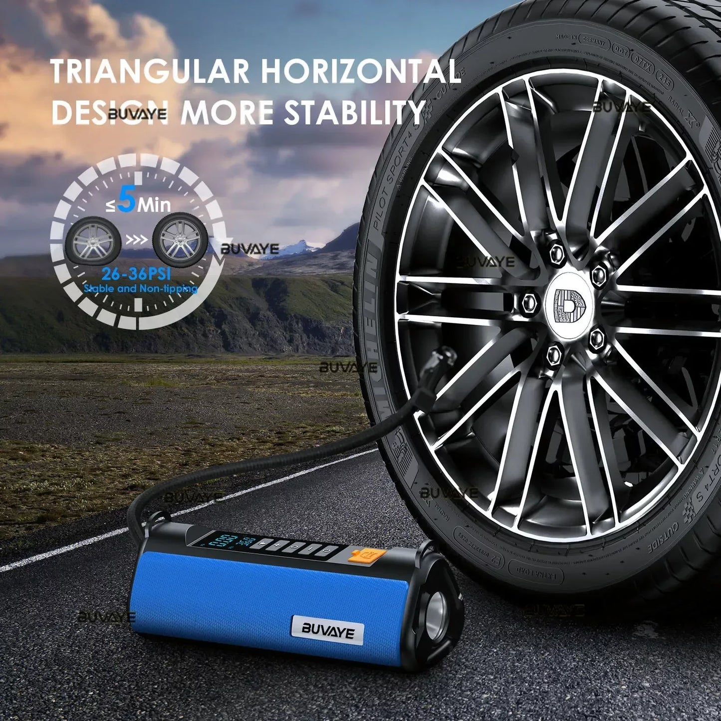 BUVAYE Car Jump Starter Air Pump Tire Inflator Portable Lamp