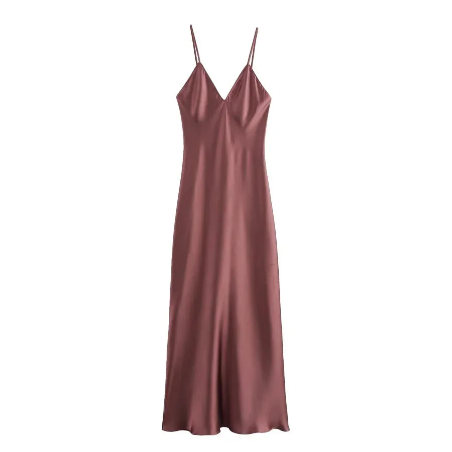 ETJCN Elegant Silk Satin Midi Dress Backless Party Slip