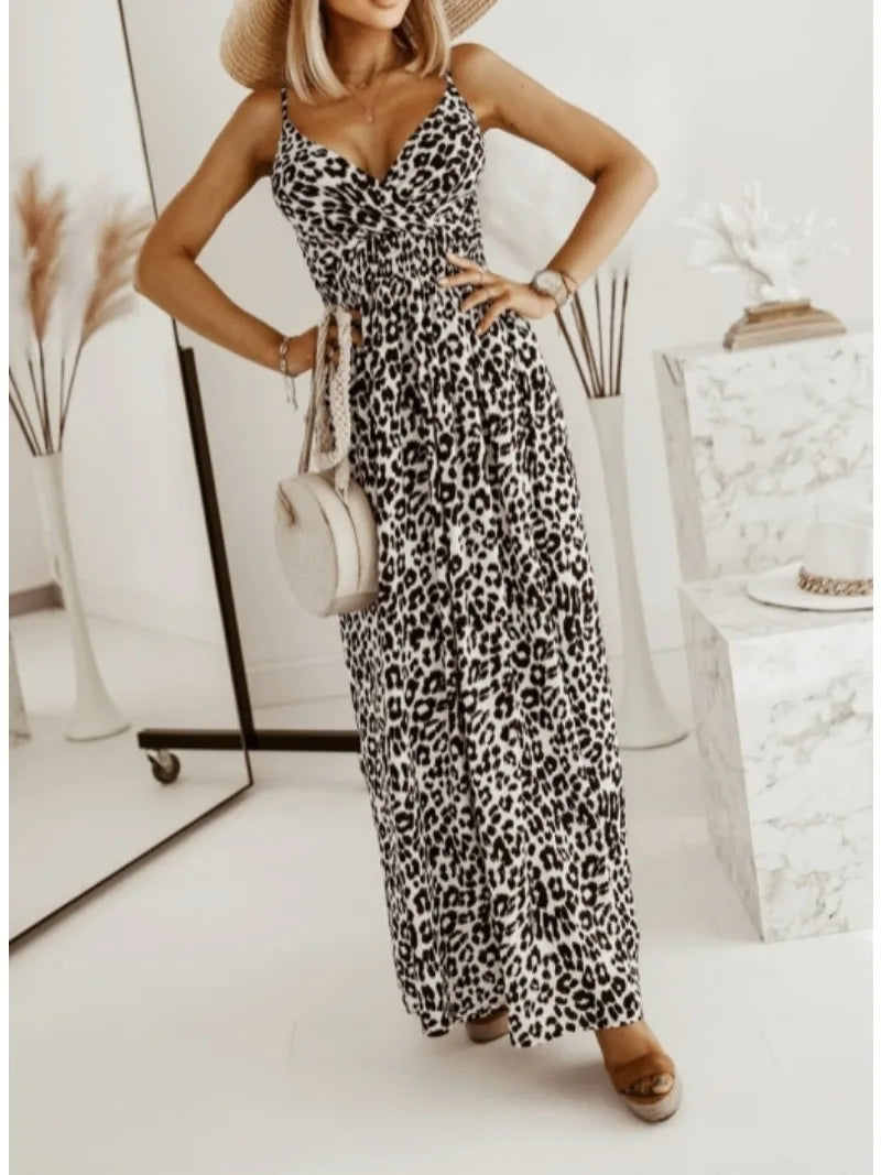 Tibet Leopard Print Camisole Maxi Dress With V Neck