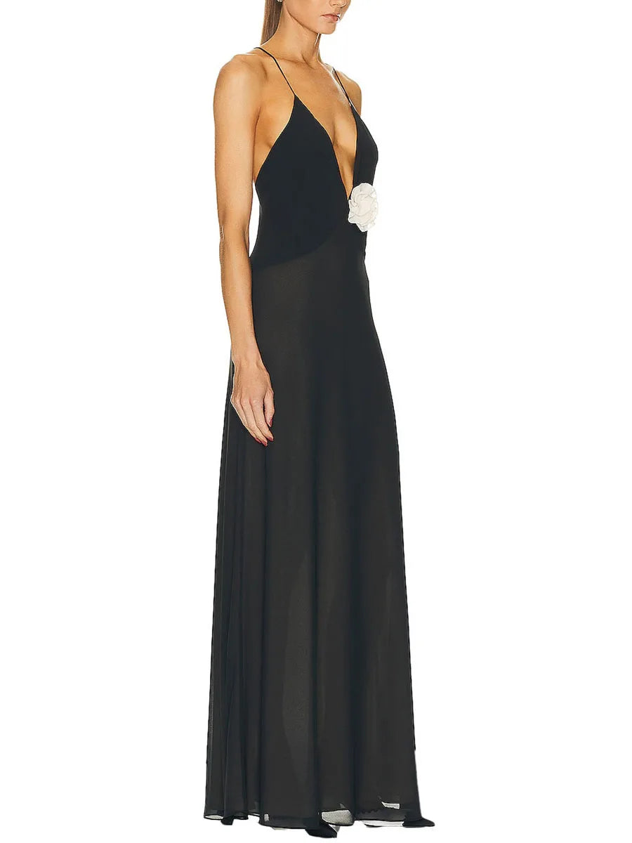 CN Velvet Sleeveless V Neck Maxi Dress Floral Embellishments
