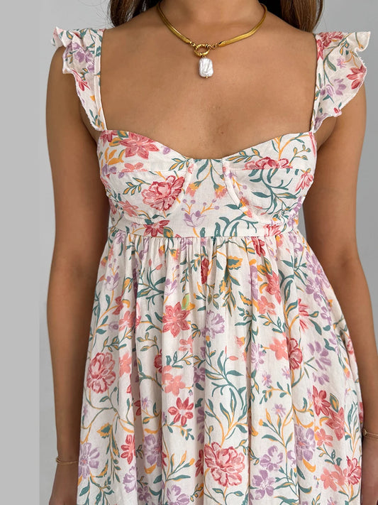 CN Women V Neck Maxi Dress Boho Floral Print Casual