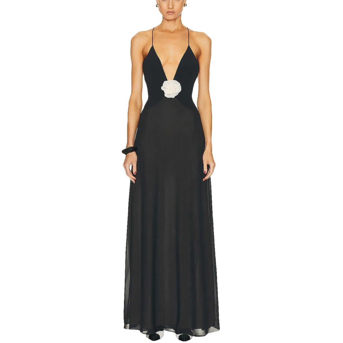 CN Velvet Sleeveless V Neck Maxi Dress Floral Embellishments