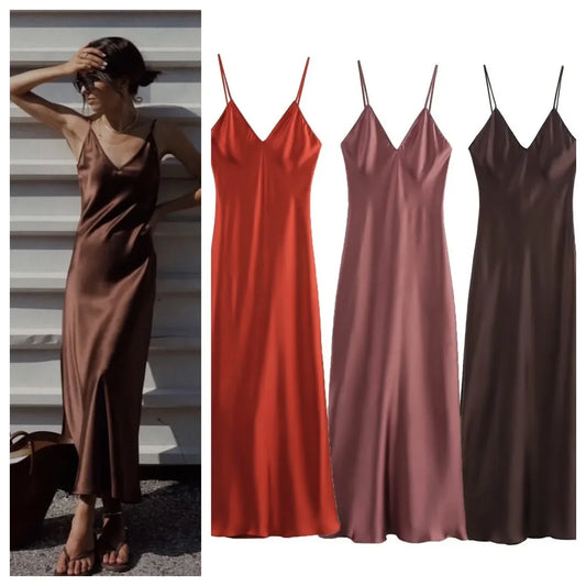 ETJCN Elegant Silk Satin Midi Dress Backless Party Slip