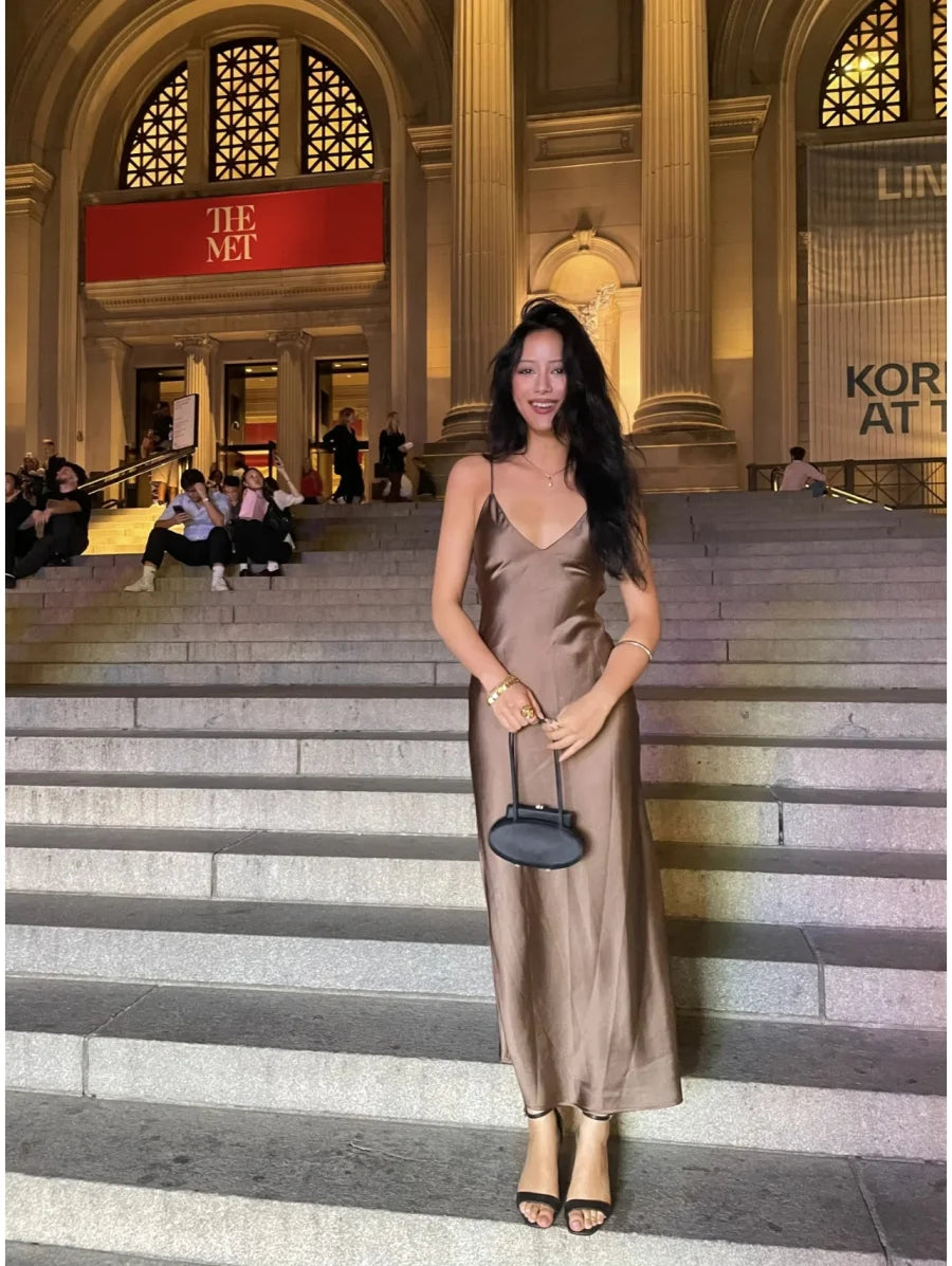 ETJCN Elegant Silk Satin Midi Dress Backless Party Slip