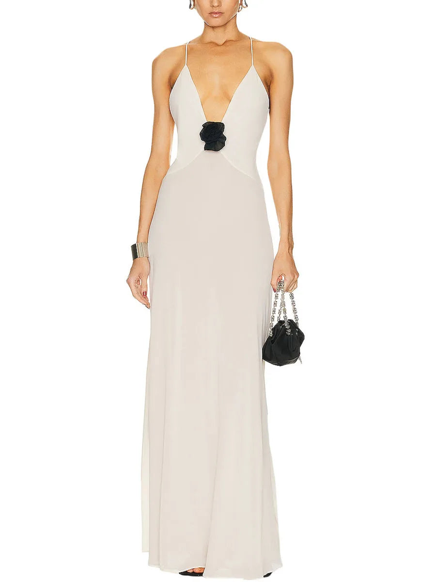 CN Velvet Sleeveless V Neck Maxi Dress Floral Embellishments