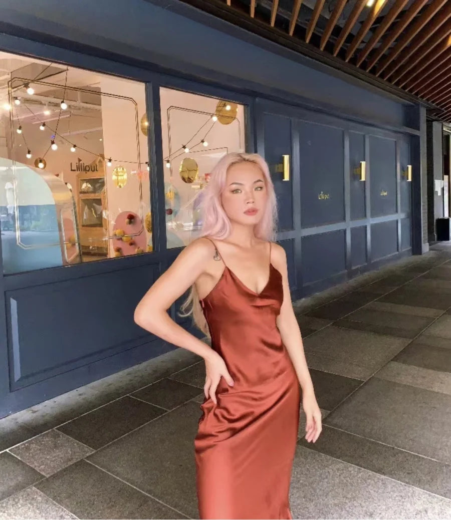 ETJCN Elegant Silk Satin Midi Dress Backless Party Slip
