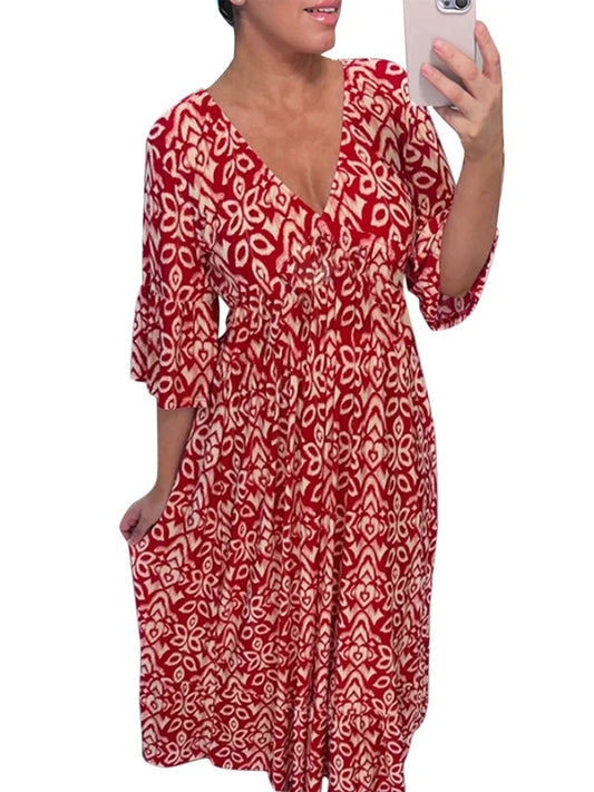 Hirigin Womens Summer Bohemian Midi Dress Floral Print