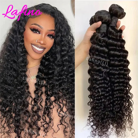LafinoBundles Deep Wave Remy Hair Bundles Machine Weft