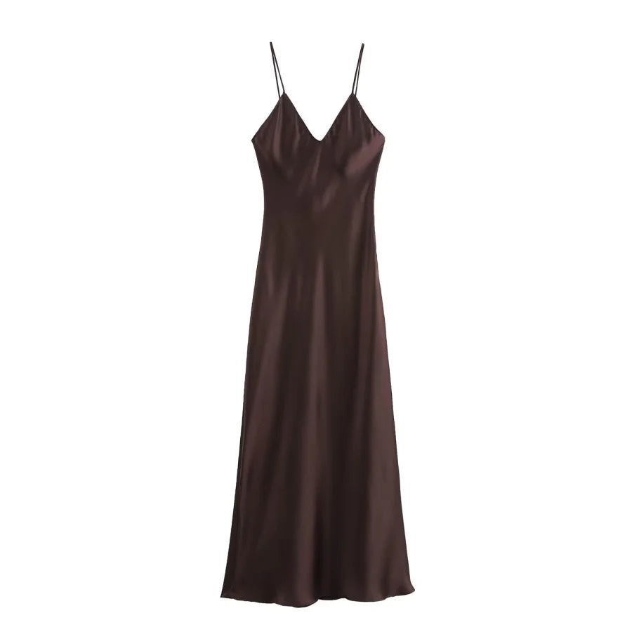 ETJCN Elegant Silk Satin Midi Dress Backless Party Slip