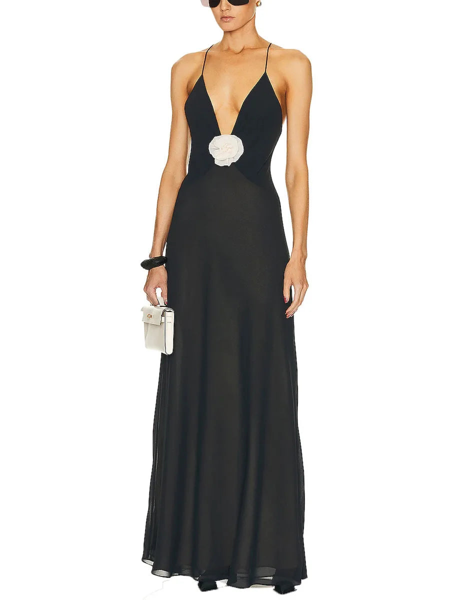 CN Velvet Sleeveless V Neck Maxi Dress Floral Embellishments