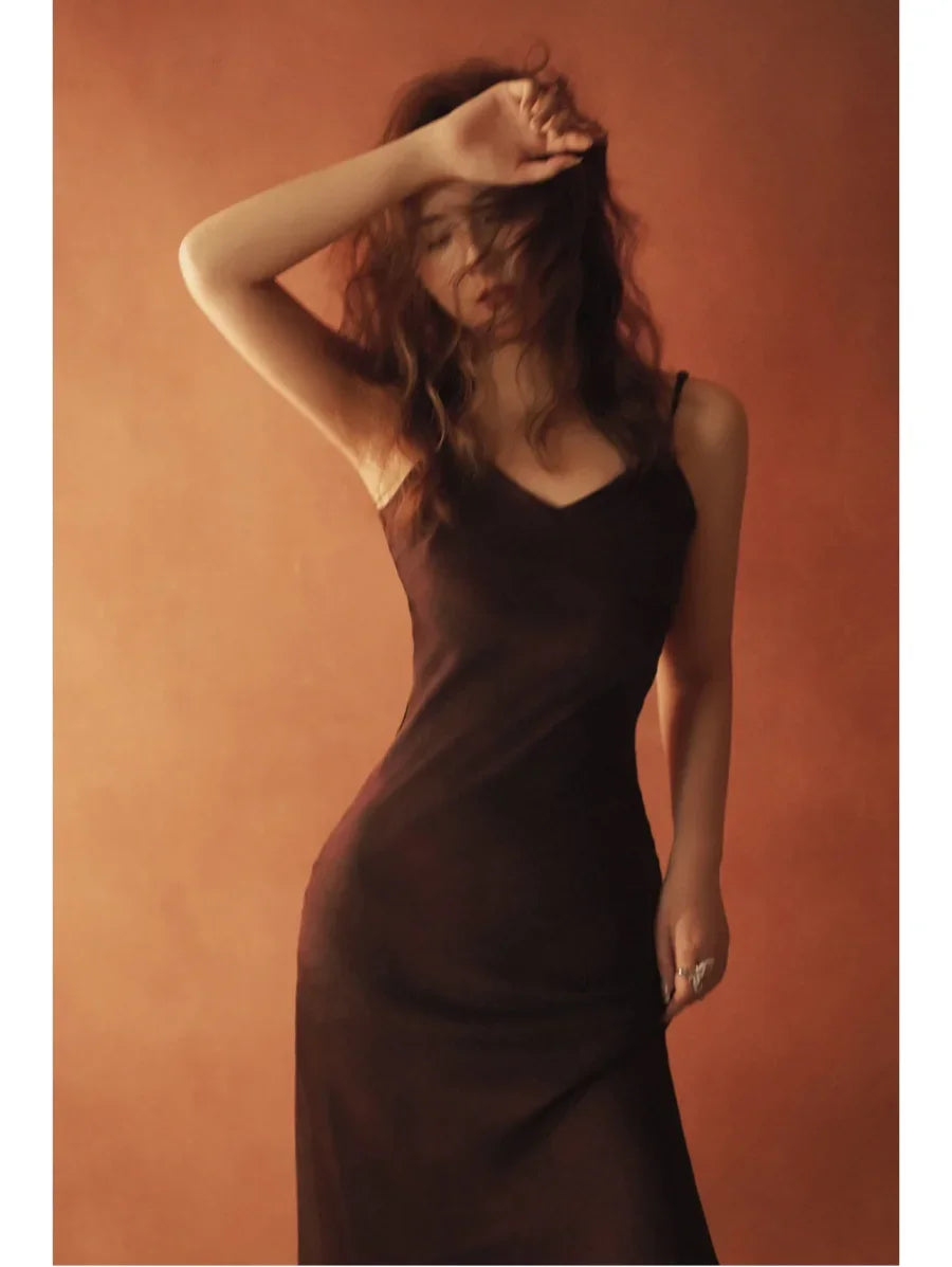 ETJCN Elegant Silk Satin Midi Dress Backless Party Slip