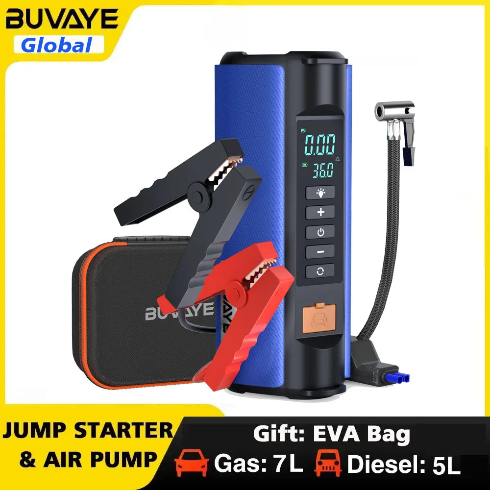 BUVAYE Car Jump Starter Air Pump Tire Inflator Portable Lamp