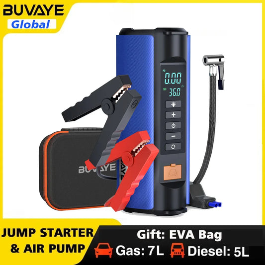BUVAYE Car Jump Starter Air Pump Tire Inflator Portable Lamp