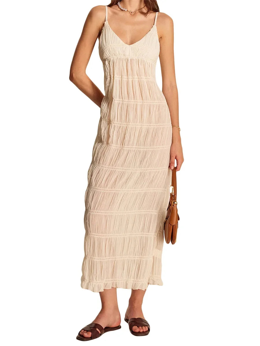 Hirigin Elegant Floral Maxi Dress With Ruffle Hem Straps