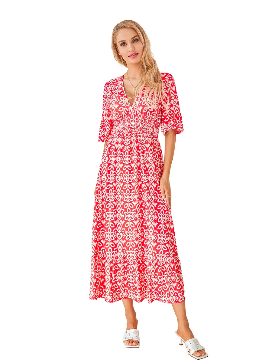 Hirigin Womens Summer Bohemian Midi Dress Floral Print