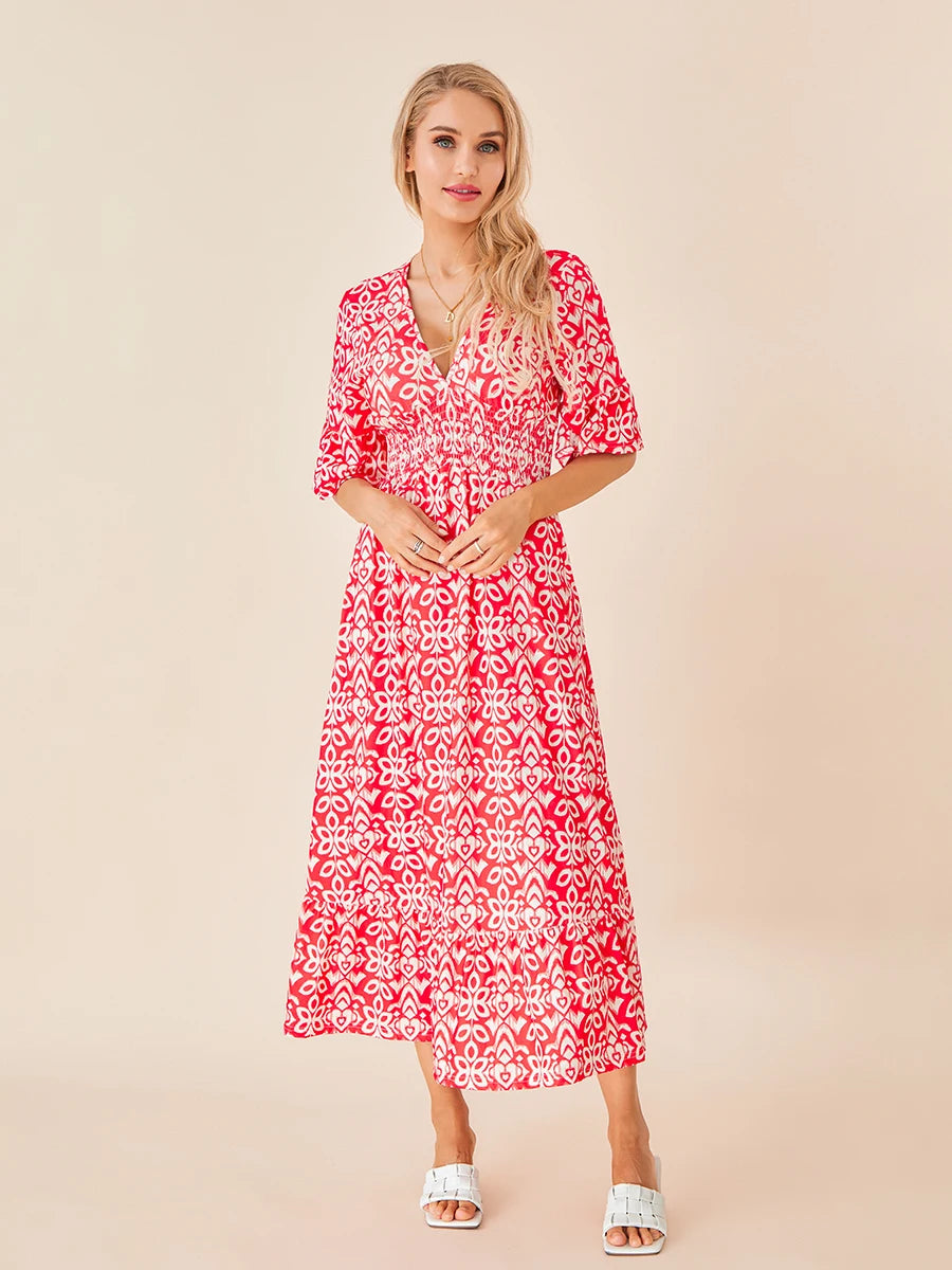 Hirigin Womens Summer Bohemian Midi Dress Floral Print