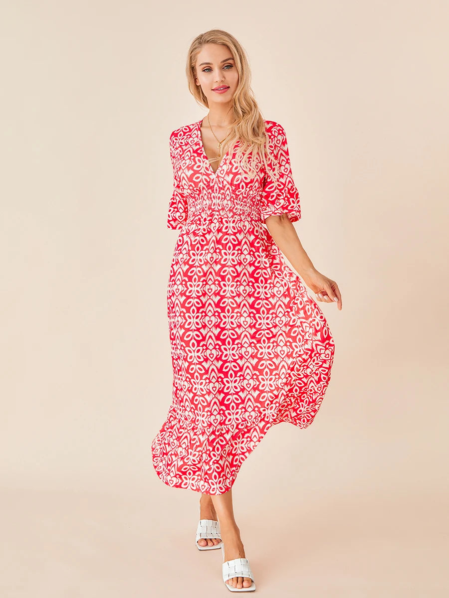 Hirigin Womens Summer Bohemian Midi Dress Floral Print