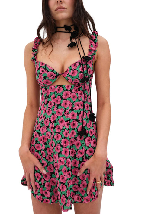 Hirigin Womens Summer Mini Dress Sleeveless Floral Print
